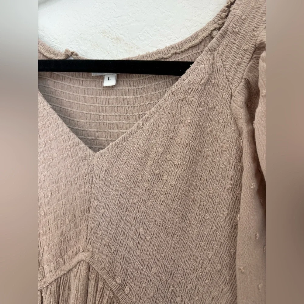 Baltic Born Lainey Smocked Swiss Dot Midi Dress Taupe Boho Long Sleeve Large - Picture 4 of 14